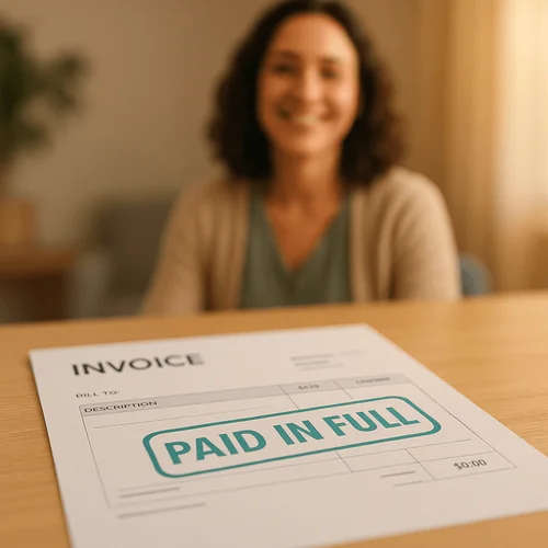 Therapist smiling behind a fully paid invoice, representing reliable client payments